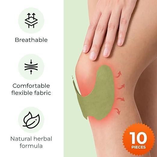 Product packaging with a green patch on a leg, labeled as breathable, comfortable flexible fabric, natural herbal formula, and containing 10 pieces.
