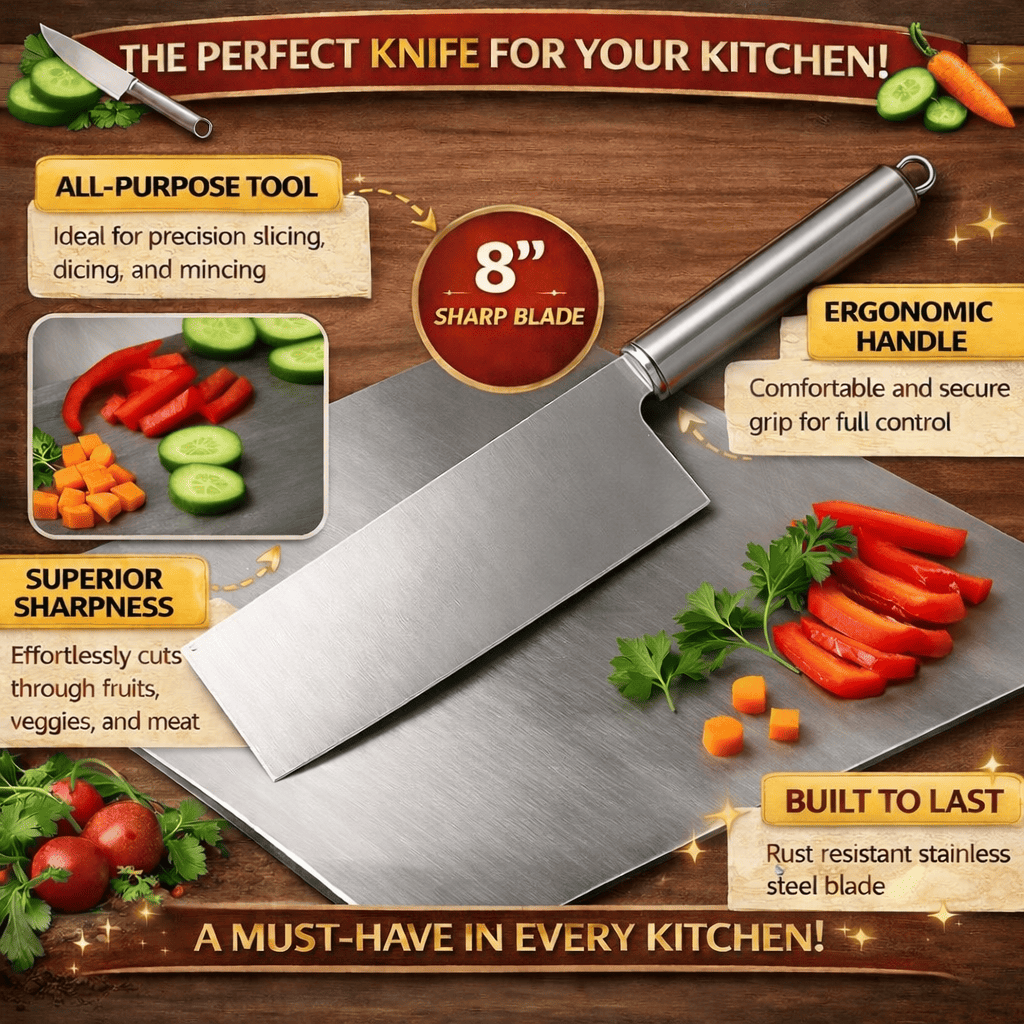 Best kitchen knife India shown cutting vegetables on steel chopping board