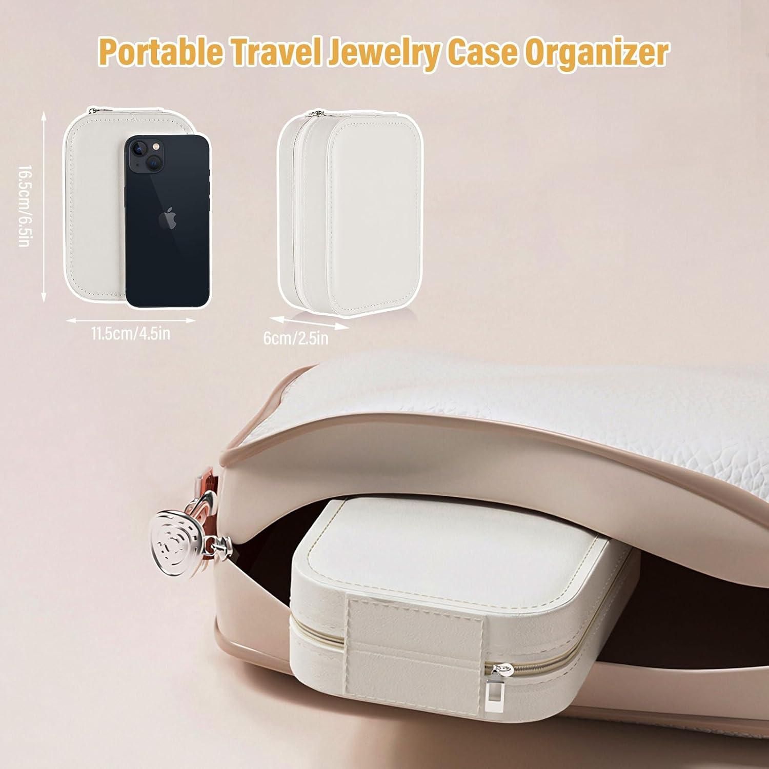 Leather travel jewelry case with LED light mirror for women