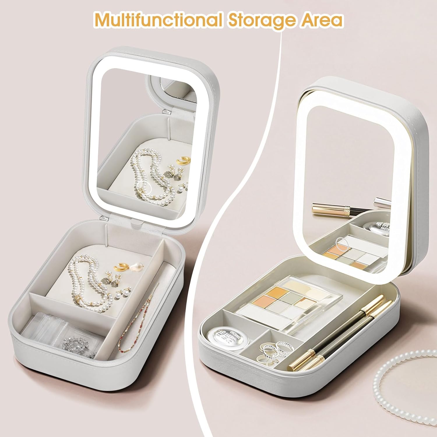 Portable travel jewelry organizer with touch LED mirror light