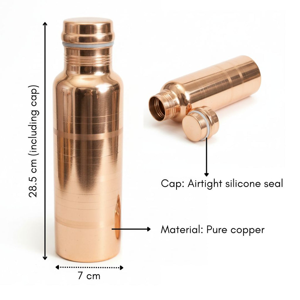 Pure copper water bottle 1 litre showing size, airtight cap and original copper material