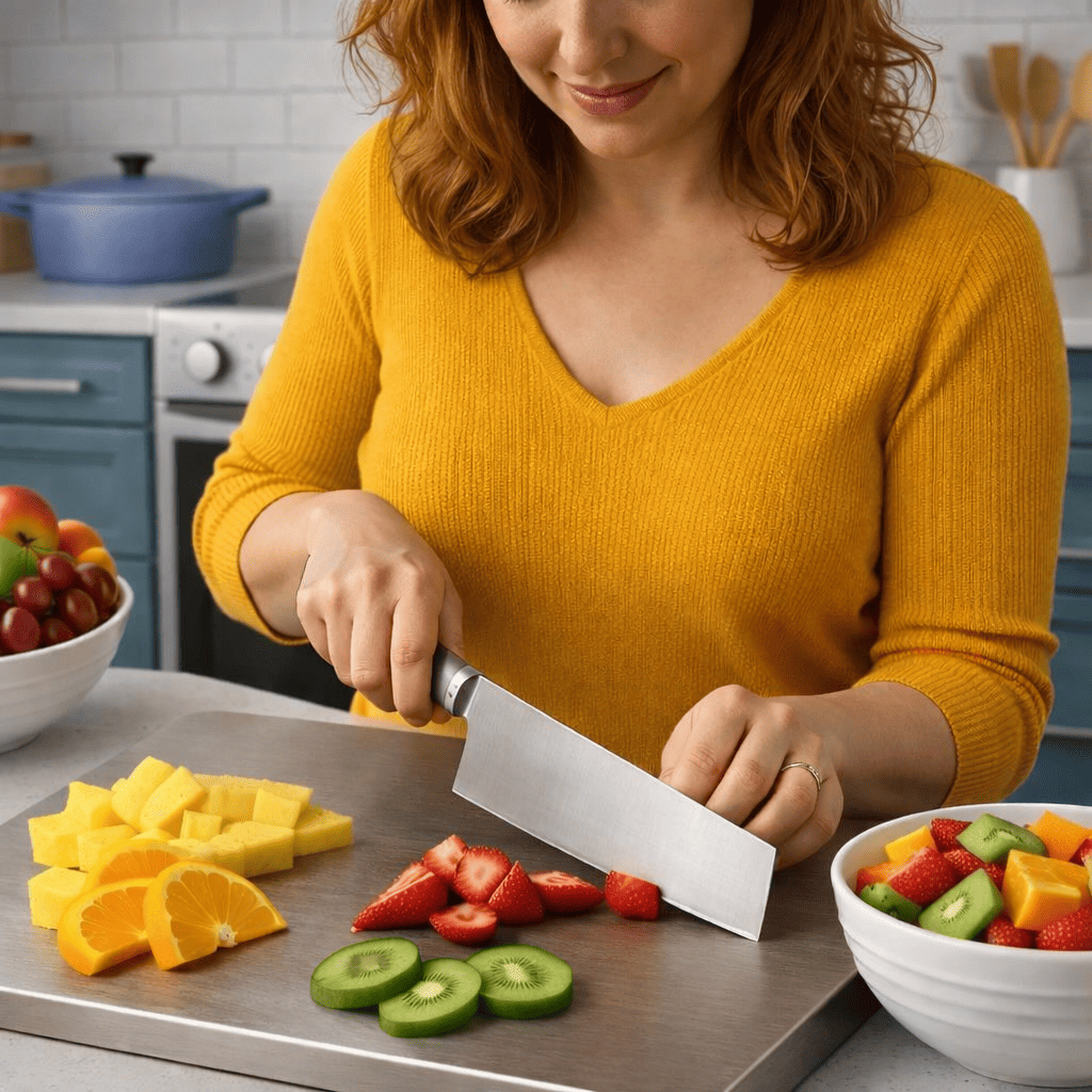Sharp kitchen knife placed on stainless steel chopping board with sliced cucumber and carrot