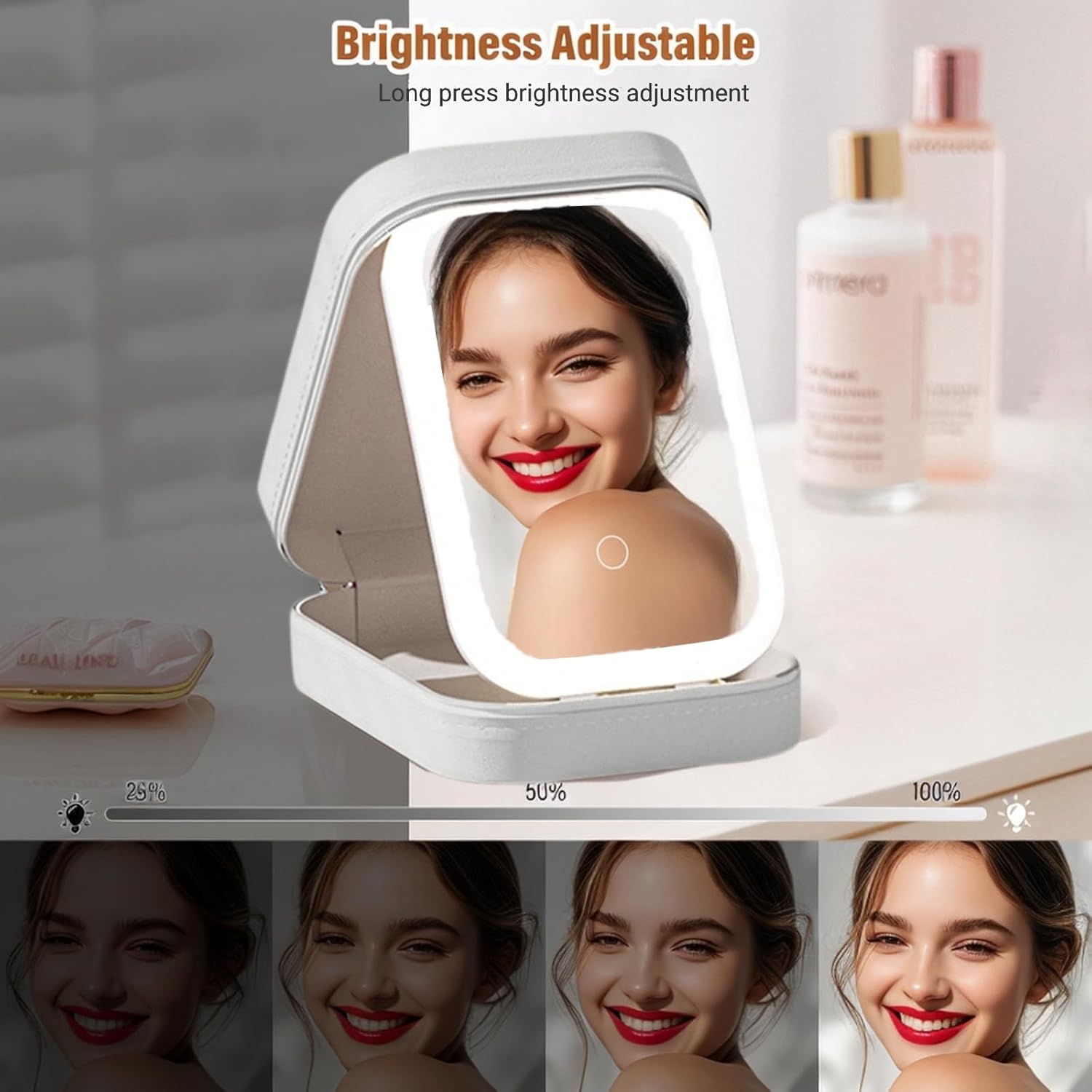 Travel jewelry case with LED mirror portable makeup and jewelry organizer