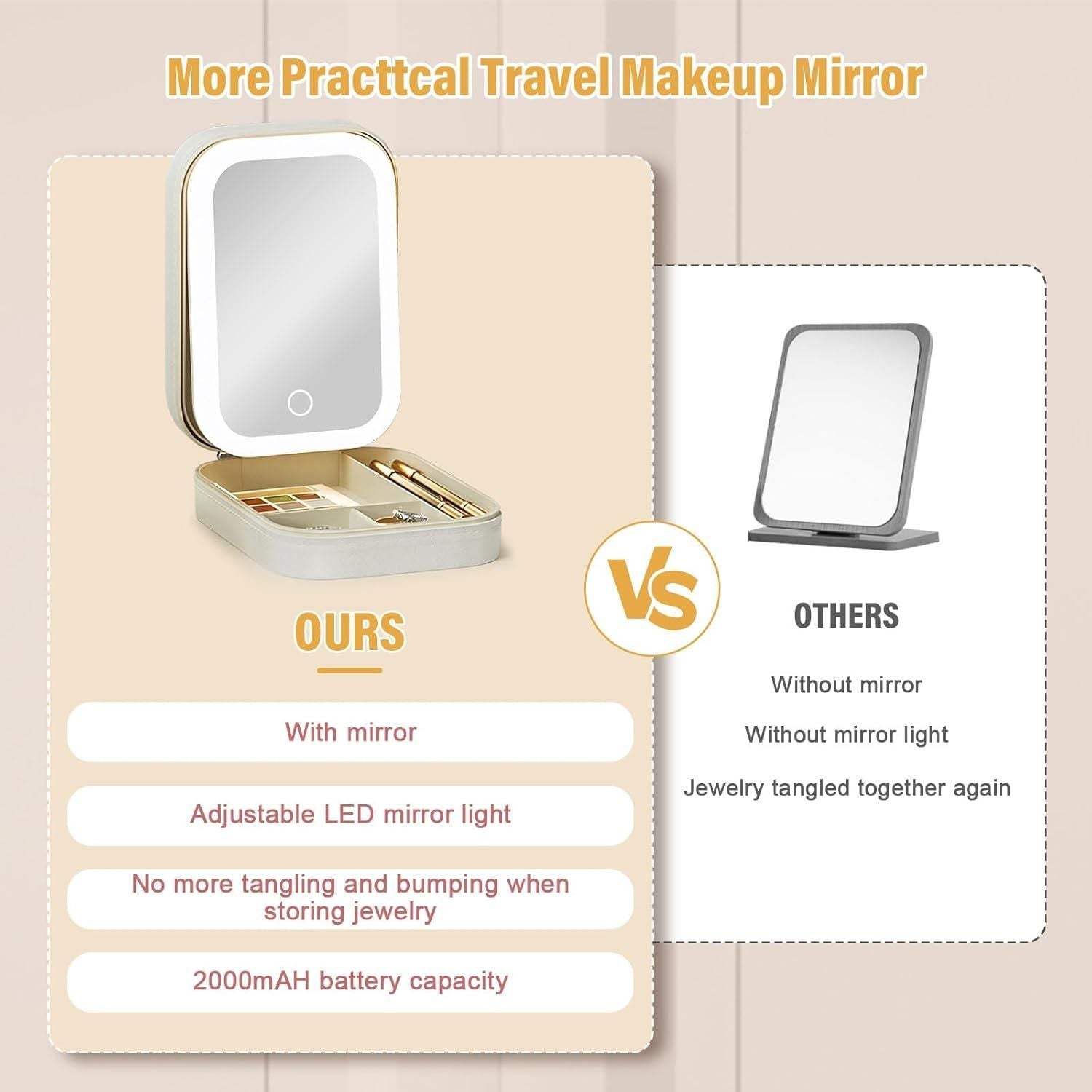 Travel makeup and jewelry organizer with adjustable LED mirror