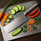 Stainless steel kitchen knife displayed on steel chopping board with fresh vegetables